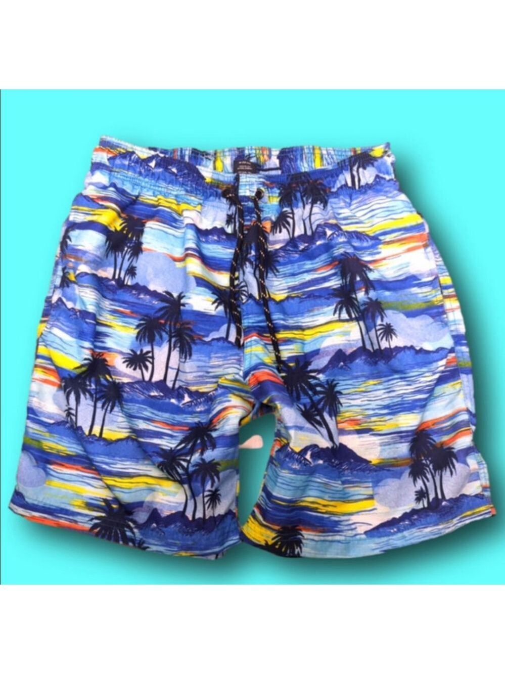 Men's George Swim Trunks Shorts Size M Blue Palm Tree Print